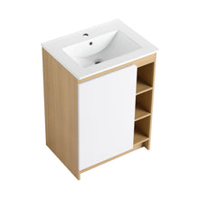 Load image into Gallery viewer, Freestanding Bathroom Vanity With Thin Rim Sink, Single Door With 4 Tier Open Shelves - Light Oak / White