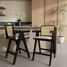 Load image into Gallery viewer, Woven Cane Plastic Backrest Bar Stool Foam Padded Fabric Seat & Durable Rubberwood Frame - Cream Gray
