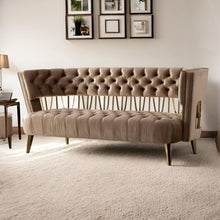 Load image into Gallery viewer, Velvet Exposed Back Love Seat - Dark Beige / Gold
