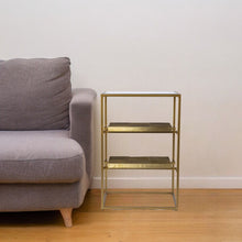 Load image into Gallery viewer, Glass Iron Rectangular End Table With Two Shelves - Brass