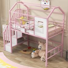 Load image into Gallery viewer, Metal Loft Bed With Roof Design And Storage Box With Guardrails And Integrated Ladder