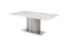 Load image into Gallery viewer, 72" Marble And Stainless Steel Pedestal Base Dining Table - Gray / White