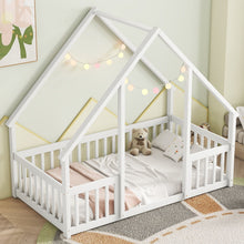 Load image into Gallery viewer, Wood House-Shaped Floor Bed With Fence, Guardrails