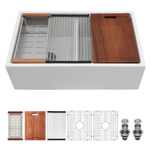 Load image into Gallery viewer, Farmhouse Sink Workstation 33" Ceramic Double Bowl Kitchen Sink With Ledges - White