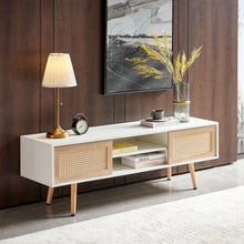 Load image into Gallery viewer, 55.12" Rattan TV Cabinet, Double Sliding Doors For Storage, Adjustable Shelf, Solid Wood Legs, TV Console For Living Room