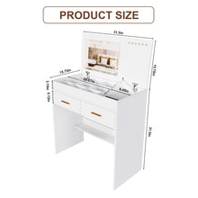 Load image into Gallery viewer, Flip Top Vanity Desk With LED Mirror & Outlet Makeup Table With 2 Drawers, Open Storage, And Jewelry Hooks - White