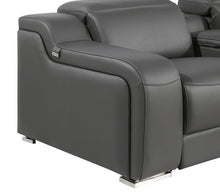 Load image into Gallery viewer, Italian Leather Power Reclining Curved Seven Piece Corner Sectional With Console - Gray
