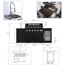 Load image into Gallery viewer, 6 Burner 85, 000 Btu Outdoor Kitchen Island Grill With Wine Cooler Refrigerator, Rotisserie Kit, Granite Countertops & Sink - Black