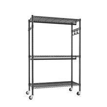 Load image into Gallery viewer, Heavy Duty Rolling Clothes Rack With 3 Tier Shelves, 2 Rails & Side Hooks, Adjustable Freestanding Organizer Metal - Black