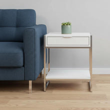 Load image into Gallery viewer, Wood And Metal End Table With Drawer And Shelf - Silver And White