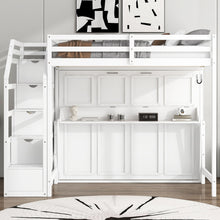 Load image into Gallery viewer, Full Long Loft Bed With Storage Staircase, Murphy Bed, LED Light - White