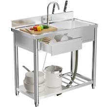 Load image into Gallery viewer, Outdoor Utility Sink With Workbench & Storage Shelf, Freestanding Prep Table With Left Drawer, Garden Patio Sink Station With 360° Hot & Cold Water Faucet - Silver