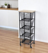 Load image into Gallery viewer, 41" Metal And Wood Basket Storage Rolling Cabinet - Black And Natural