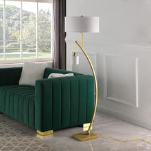 Load image into Gallery viewer, Dual Arc Floor Lamp With White Drum Shade - Matte Gold