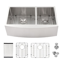 Load image into Gallery viewer, Double Bowl Sink 60 / 40 Split Apron Front Kitchen Sink In 16 Gauge With 2 10" Deep Basins 33" X21" X10" - Brushed Nickel