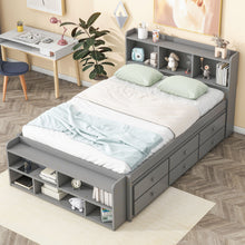 Load image into Gallery viewer, Bed With Bookcase Headboard, Under Bed Storage Drawers And Bed End Storage Case