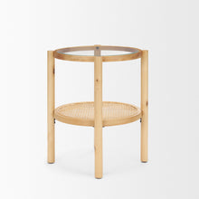 Load image into Gallery viewer, 24" Clear And Glass And Solid Wood Round End Table With Shelf - Natural And Royal Purple