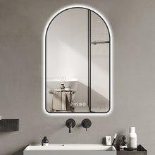 Load image into Gallery viewer, Modern Arched LED Bathroom Mirror With Time And Temperature Display, Anti Fog, Dimmable Light - Black
