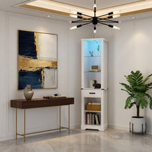 Load image into Gallery viewer, Pantry Cabinet With LED Lights And Barn Door With Tempered Glass Shelves - White