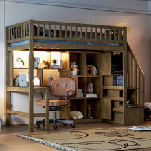 Load image into Gallery viewer, Loft Bed With Built In L Shaped Desk, LED Lights, Storage Shelves, Cabinets, And Staircase