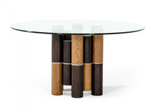 Load image into Gallery viewer, Glass Wood Pedestal Base Round Top Dining Table - Clear / Brown