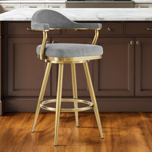 Load image into Gallery viewer, 26" Fabric And Stainless Steel Counter Height Swivel Bar Chair - Gray / Gold