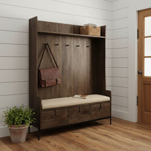 Load image into Gallery viewer, Wood, Fabric Wrapped Seat Hall Tree With Storage - Brown