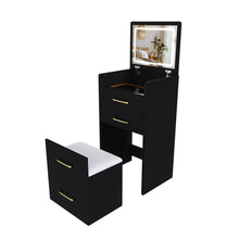 Load image into Gallery viewer, 3 In 1 Vanity Desk With Open Top Mirror, Glass Desktop Makeup Set With 3 Drawers, Compact Dressing Table For Bedroom - Black