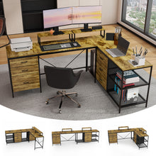Load image into Gallery viewer, Industrial L Shaped Computer Desk With Power Outlets & USB-C, 6 Fabric Drawers, 3 Open Shelves, Movable Monitor Stands - Brown