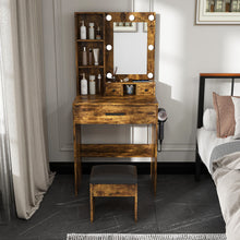 Load image into Gallery viewer, Vanity Table With Mirror, Adjustable LED Lights, Power Outlet, Hairdryer Holder & Stool