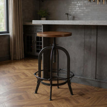 Load image into Gallery viewer, Solid Wood And Metal Backless Adjustable Height Swivel Bar Chair - Brown / Black
