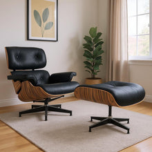 Load image into Gallery viewer, 27" Tufted Genuine Cowhide Swivel Lounge Chair With Ottoman - Black / Light Brown