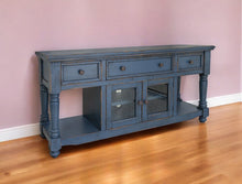 Load image into Gallery viewer, Solid Wood Open Shelving Distressed TV Stand - Blue