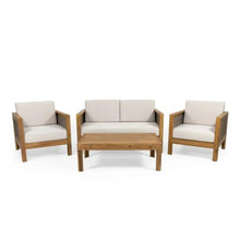 Load image into Gallery viewer, Outdoor 4 Seater Acacia Wood Chat Set With Wicker Accents And Cushions - Teak / Mixed Brown / Beige