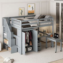Load image into Gallery viewer, Loft Bed With Stairs, Bookshelf, Drawers, Desk & Wardrobe, Space Saving Multifunctional Furniture