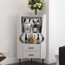 Load image into Gallery viewer, Corner Bar Cabinet With Mirrored Back, 2 Open Shelves & 2 Drawers, High Legs For Easy Cleaning