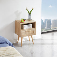 Load image into Gallery viewer, 15.75" Rattan End Table With Power Outlet & USB Ports, Modern Nightstand With Drawer And Solid Wood Legs, Side Table For Living Room, Bedroom