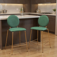 Load image into Gallery viewer, 26" Velvet And Steel Counter Height Bar Chairs (Set of 2) - Green / Gold