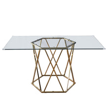 Load image into Gallery viewer, 63" Glass And Metal Geo Pedestal Base Dining Table - Gold