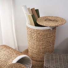 Load image into Gallery viewer, Ludmilla Round Tall Water Hyacinth Woven Wicker Laundry Hamper With Lid - For Clothes, Toys And Book Storage With Removable Liner - 18" X 18" X 23" - Natural Brown