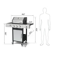 Load image into Gallery viewer, 3 Burner Propane Gas Bbq Grill With Side Burner, 37230Btu Output With Enameed Cast Iron Cooking Grids For Outdoor Barbecue, Stainless Steel - Black / Silver