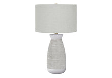 Load image into Gallery viewer, Ceramic Round Table Lamp With Gray Drum Shade - Gray And White
