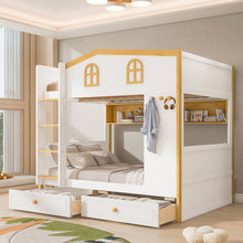 Load image into Gallery viewer, Twin Over Twin Bunk Bed With House Shaped Guardrails, Storage Shelves & Drawers - White / Natural