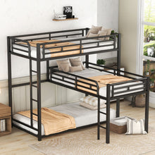 Load image into Gallery viewer, L-Shaped Triple Twin Size Bunk Bed, Industrial Design With Integrated Ladder And Full Length Guardrails - Black