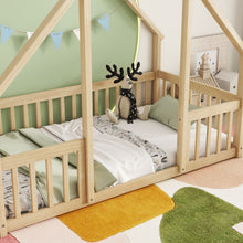 Load image into Gallery viewer, Wood House-Shaped Floor Bed With Fence, Guardrails