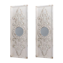 Load image into Gallery viewer, Large Wooden Wall Art Panels With Distressed Round Mirror Accents (Set of 2) - White