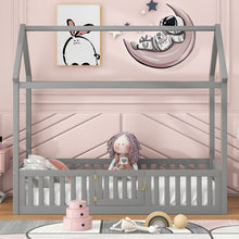 Load image into Gallery viewer, Wood House Bed With Fence And Door