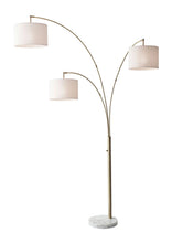 Load image into Gallery viewer, Three Light Arc Floor Lamp With Off-White Fabric Drum Shade - Brass