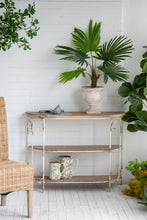 Load image into Gallery viewer, 3 Tiered Wooden Shelving Unit With Ornate Iron Frame - Multicolor