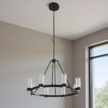 Load image into Gallery viewer, Candle Style Eight Light Metal Dimmable Smart Enabled Chandelier With Shades - Black / Clear